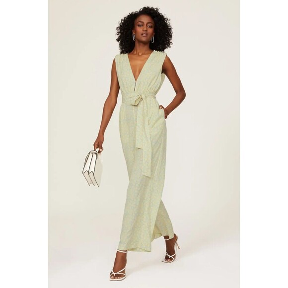Derek Lam Jumpsuit Deep V Neckline Sleeveless Yellow Floral Print Wide Leg Sz 48 - Picture 1 of 15